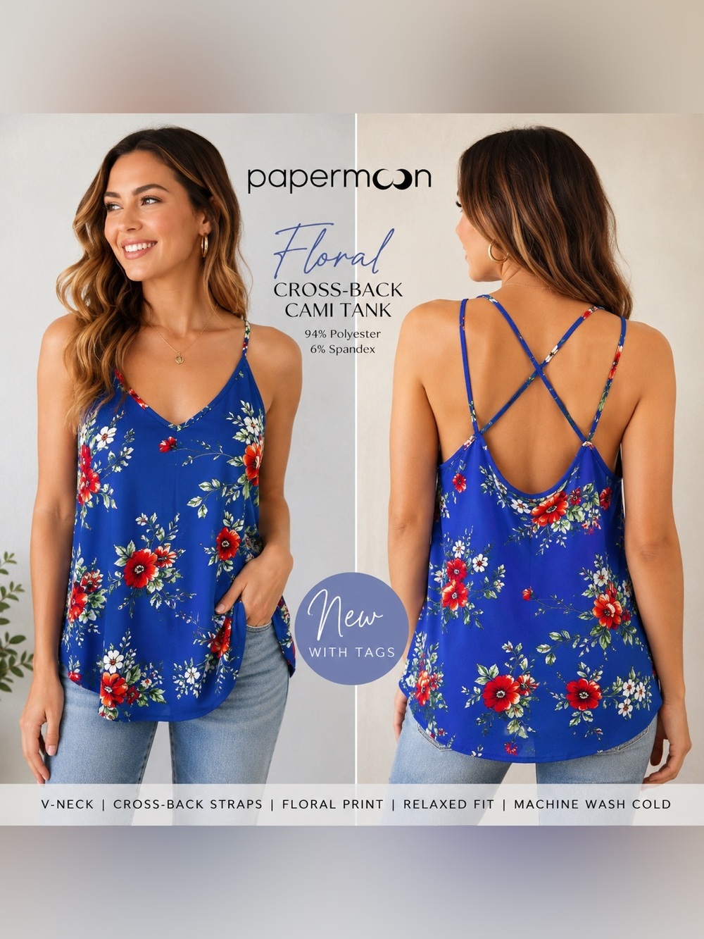 Papermoon Blue Floral Cross-Back Cami Tank Top Size Large